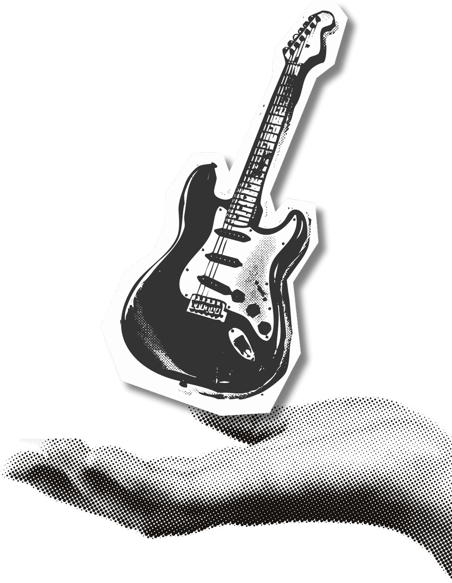 Wycinanka: gitara elektryczna unosząca się nad dłonią