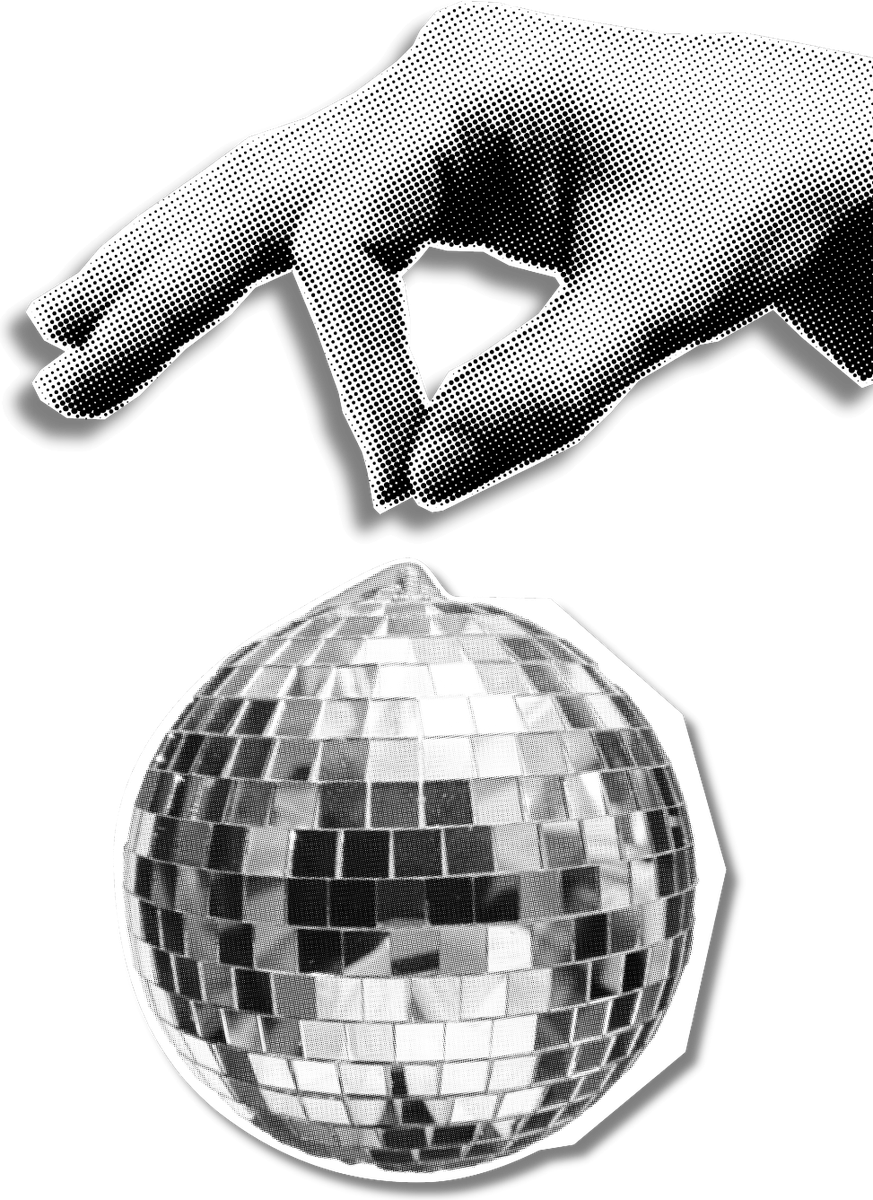 Wycinanka: dłoń trzymająca kulę disco